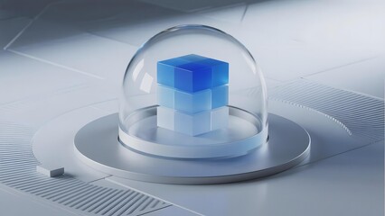 Blue cube encased in transparent dome on circular platform with futuristic background