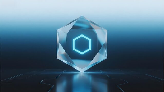 Transparent hexagonal crystal with glowing blue hexagon core, illuminated on a dark reflective surface