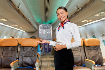 Airhostess portrait for present airline business service for support all passenger to travel with airplene quality with your happiness.