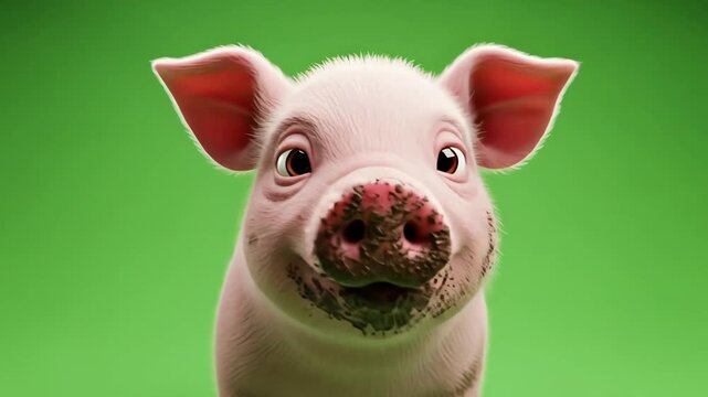A cute, muddy piglet with a happy expression on a green background