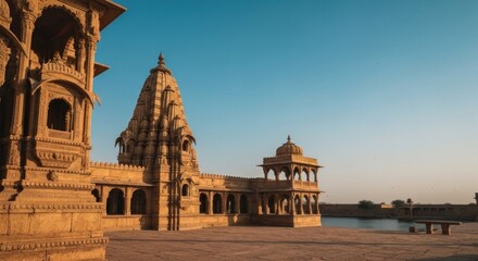 Obraz premium Ancient sandstone temple complex, bathed in golden light, overlooking a placid water feature