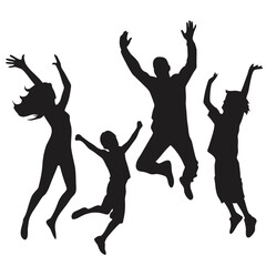 Silhouettes of joyful people jumping and celebrating with raised arms