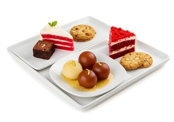 Assortment of delicious sweet desserts including cake cookies and indian sweets on a white platter