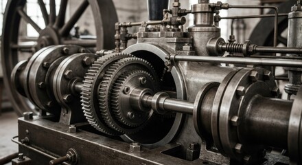 Close-up of intricate steam engine gears and components