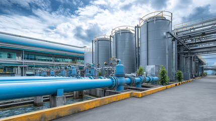 Obraz premium Industrial Water Processing Plant: A comprehensive view of a state-of-the-art water treatment facility. Industrial infrastructure is shown, emphasizing the crucial processes.