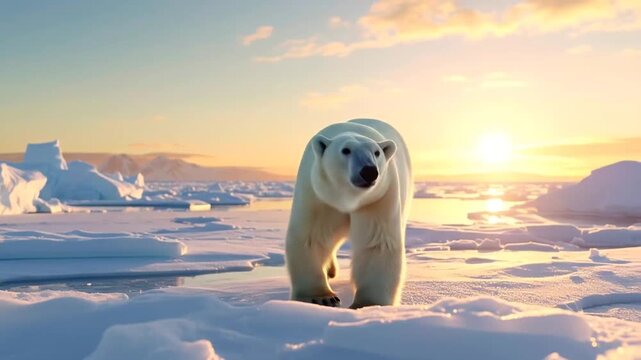 Polar Bear Walking on Arctic Ice at Sunset