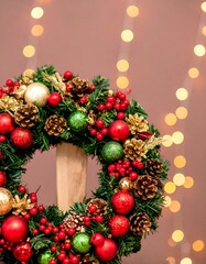 Close-up of a Christmas wreath with greenery, ornaments, and pinecones