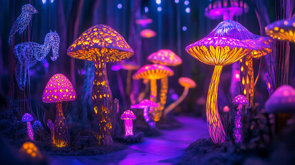 Bioluminescent Forest with Glowing Mushrooms. A luminous forest scene featuring glowing mushrooms, ideal for fantasy, nature, or sci-fi themed projects.
