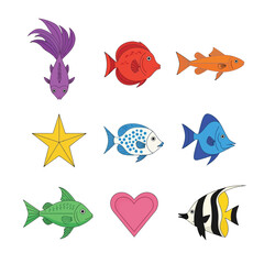 Cute Colorful Fish and Sea Star Illustration Set Cartoon Ocean Animal Graphics for Kids