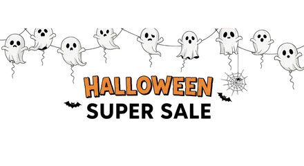 Halloween super sale banner with cute ghost and spider web isolated on transparent background for promotion