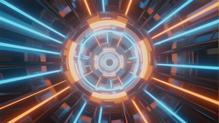 Futuristic tunnel with glowing blue and orange lights creating a circular, symmetrical pattern