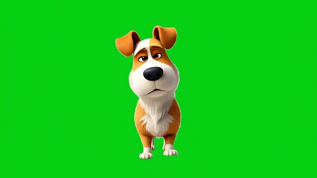 A cartoon dog with brown and white fur stands on a green background