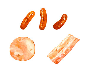 焼いたウインナー・ハム・ベーコンのセット　手描き水彩イラスト素材