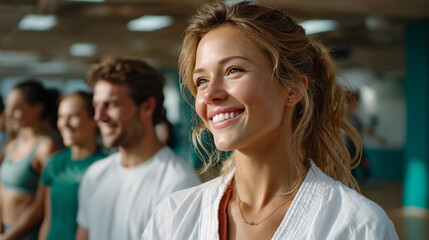 Smiling woman in white martial arts uniform with group of students training in dojo, showing focus and positive energy