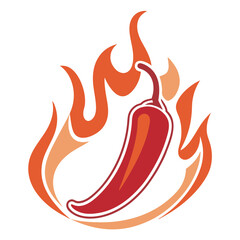 A vibrant red chili pepper engulfed in stylized orange flames design