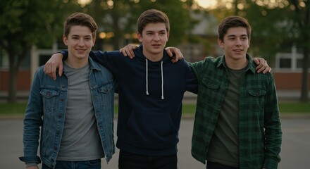 Three teenage boys standing together outdoors in casual clothing  