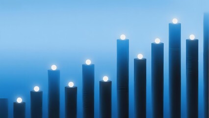 Bar graph with illuminated tops against a blue gradient background, symbolizing growth or data progression.