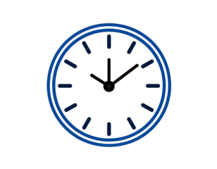 A simple, round clock face, showing a specific time.  Dark-blue border, white face, and black hands