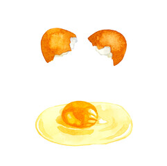 殻を割った赤玉（生卵）　卵料理の手描き水彩イラスト素材