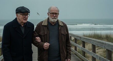 Two elderly men walking together on a wooden pier by the beach