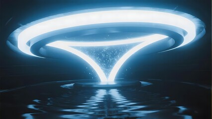 A glowing, futuristic portal with a triangular light structure emitting particles above a reflective water surface.