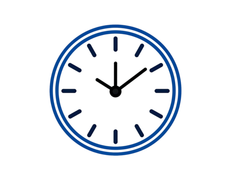 A simple, round clock face, showing a specific time.  Dark-blue border, white face, and black hands - Powered by Adobe