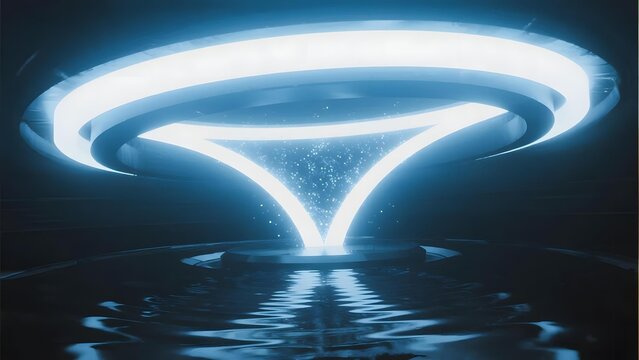A glowing, futuristic portal with a triangular light structure emitting particles above a reflective water surface.