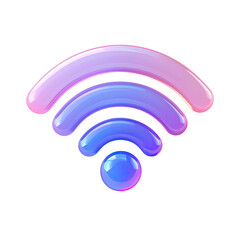 Vibrant, iridescent wifi symbol.  Three stylized, curved,  pastel-colored waves converge around a central,  glossy,  light-blue circle