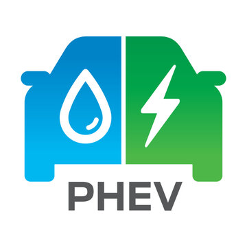 Plug-in hybrid electric vehicle sign (PHEV car), Half section part of Electric energy and fuel engine, Vector illustration