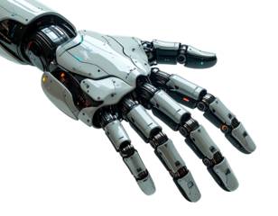 Close-up of a futuristic robotic hand.  Complex, detailed mechanical arm with articulated fingers, various metallic components, and visible internal mechanisms