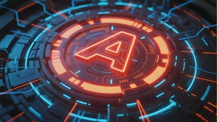Futuristic digital interface with glowing orange letter A in a circular technological design