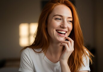 Redhead woman laughs indoors