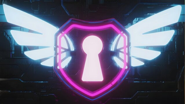 Neon shield with keyhole symbol and glowing wings against a digital circuit background - Powered by Adobe