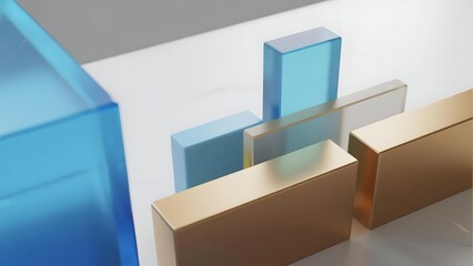Abstract arrangement of translucent blue and metallic gold rectangular blocks on a white surface