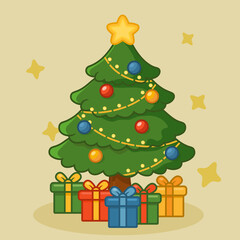 illustration of a Christmas tree with Christmas presents underneath