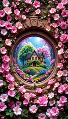 Enchanted Cottage View: A Floral Window to a Dreamscape Home