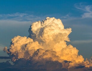 Dramatic cumulus cloud formation bathed in golden sunset light against a vibrant blue sky