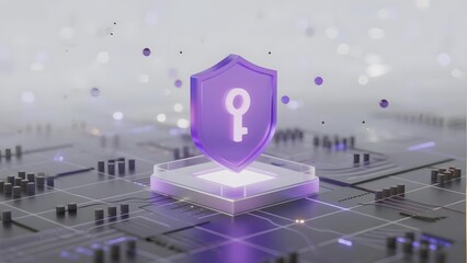 Digital security shield with key symbol floating above a circuit board, representing cybersecurity and data protection.
