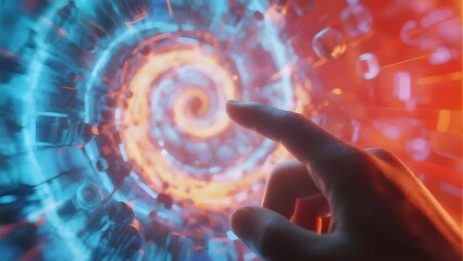 Hand reaching toward a swirling digital vortex with glowing blue and red energy patterns