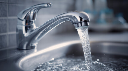 Flowing Water from Faucet: The image captures a close-up view of a chrome faucet, with clear water cascading gracefully into a ceramic sink, symbolizing freshness, cleanliness, and everyday life.