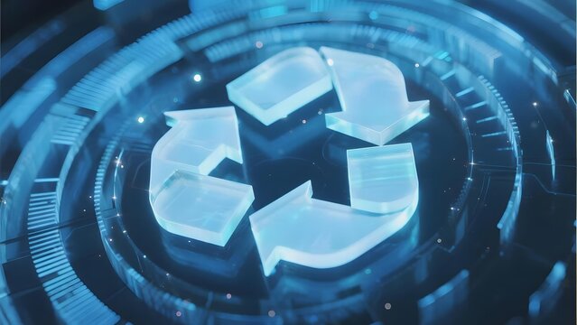 Digital recycling symbol with futuristic interface design in blue tones - Powered by Adobe