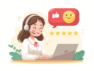 笑顔の顧客サービス担当者、ヘッドセット、ラップトップ、ポジティブなフィードバック