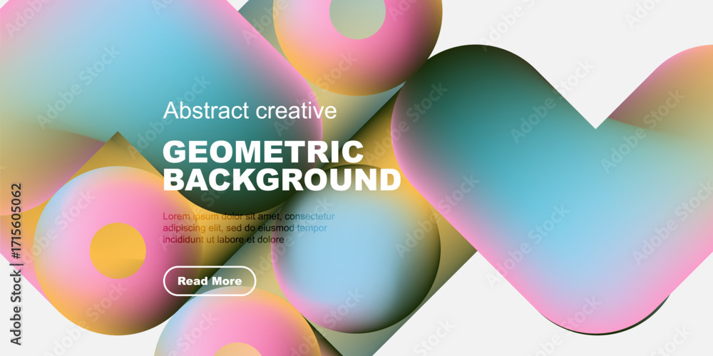 Poster abstract geometric shapes overlap, creating vibrant colorful background. text promotes further explo