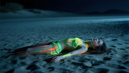 Nightly luminescence woman in neon lying on a beach under a moonlit sky of calm and tranquility