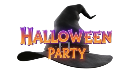 Halloween party text with witch hat isolated on transparent background