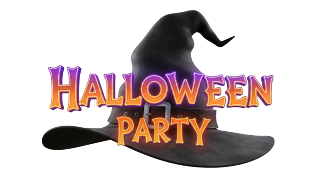 Halloween party text with witch hat isolated on transparent background