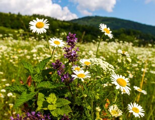 Wildflowers in a meadow under a blue sky
