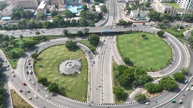 Aerial shot of the flyover with running traffic Near AIIMS New Delhi, India