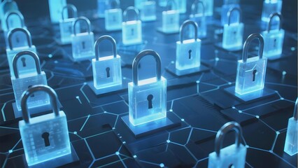 Digital padlocks on a network grid representing cybersecurity and data protection