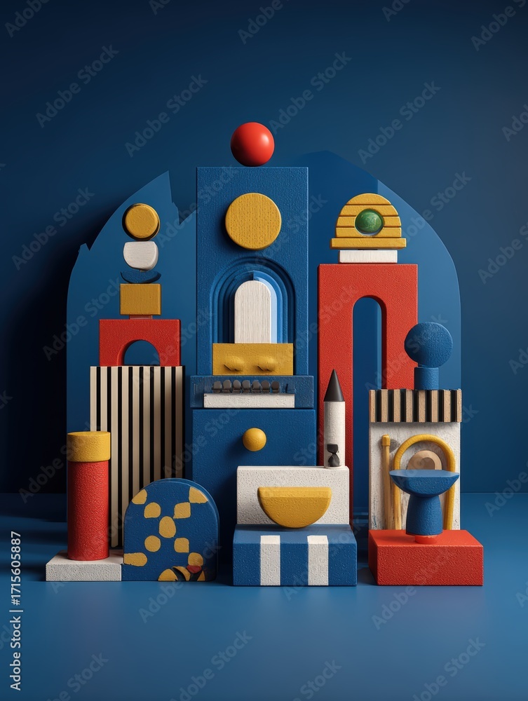 Poster Playful geometric composition features colorful blocks and shapes arranged in a whical, abstract architectural structure on blue surface.